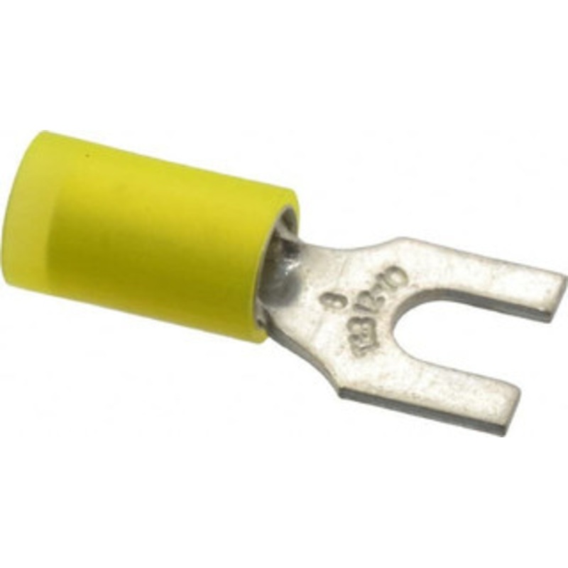 Thomas & Betts #8 Stud, 12 to 10 AWG Compatible, Partially Insulated, Crimp Connection, Standard Fork Terminal 0.37 Fork Width, Nylon Insulation, Yellow, 1. OAL, 600 Volts, Copper Contacts RC10-8F - 54063581