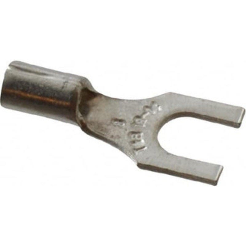 Thomas & Betts #8 Stud, 18 to 14 AWG Compatible, Noninsulated, Crimp Connection, Standard Fork Terminal 0.31 Fork Width, Blue, 3/4 OAL, 600 Volts, Copper Contacts B14-8F - 54064548