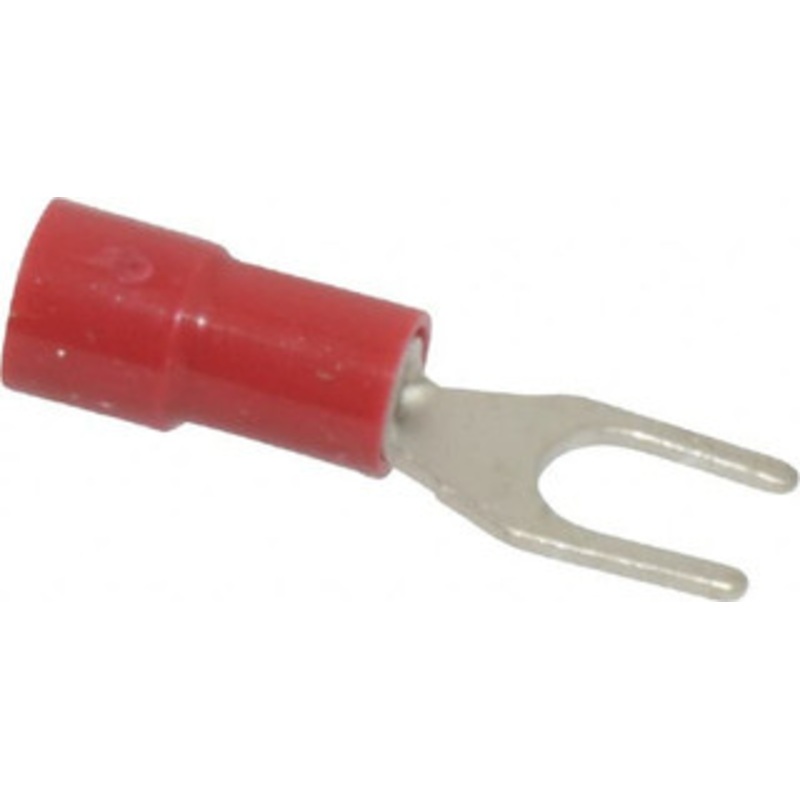 Thomas & Betts #8 Stud, 22 to 16 AWG Compatible, Partially Insulated, Crimp Connection, Standard Fork Terminal 1/4 Fork Width, Vinyl Insulation, Red, 0.886 OAL, 600 Volts, 0.03 Thick, Copper Contacts TV18-8F-XV - 68886985