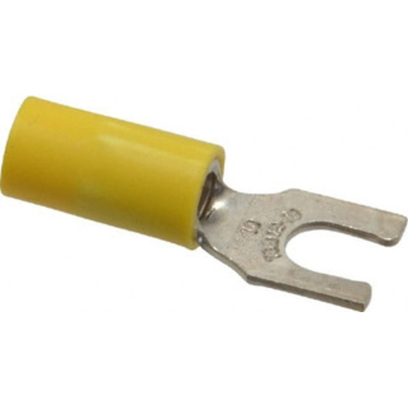 Thomas & Betts #10 Stud, 12 to 10 AWG Compatible, Partially Insulated, Crimp Connection, Locking Fork Terminal 0.37 Fork Width, Vinyl Insulation, Yellow, 1.09 OAL, 600 Volts, Copper Contacts 10RC-10FL - 54064142