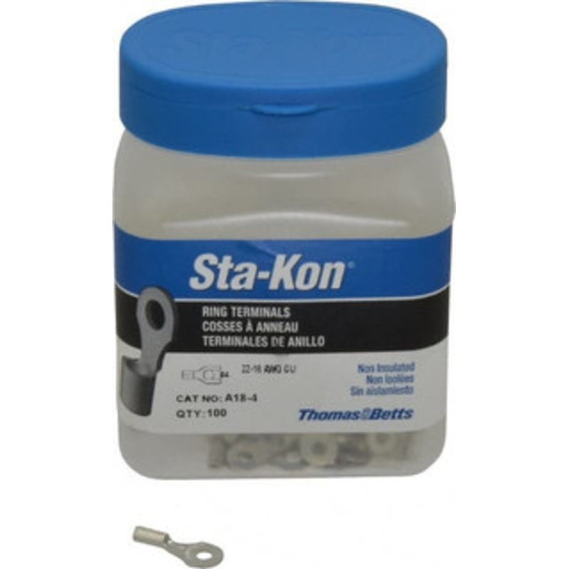Thomas & Betts 22-16 AWG Noninsulated Crimp Connection D Shaped Ring Terminal #4 Stud, 3/4 OAL x 0.31 Wide, Tin Plated Copper Contact A18-4 - 54064951