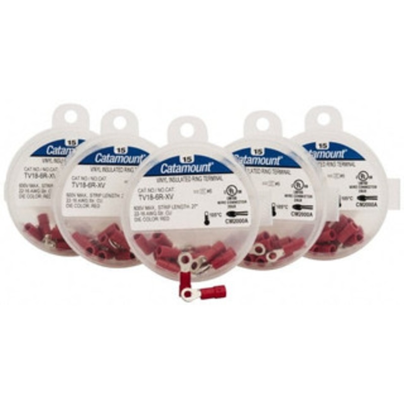 Thomas & Betts 22-16 AWG Partially Insulated Crimp Connection Circular Ring Terminal #6 Stud, 0.803 OAL x 0.26 Wide, Tin Plated Copper Contact TV18-6R-XV - 68886639