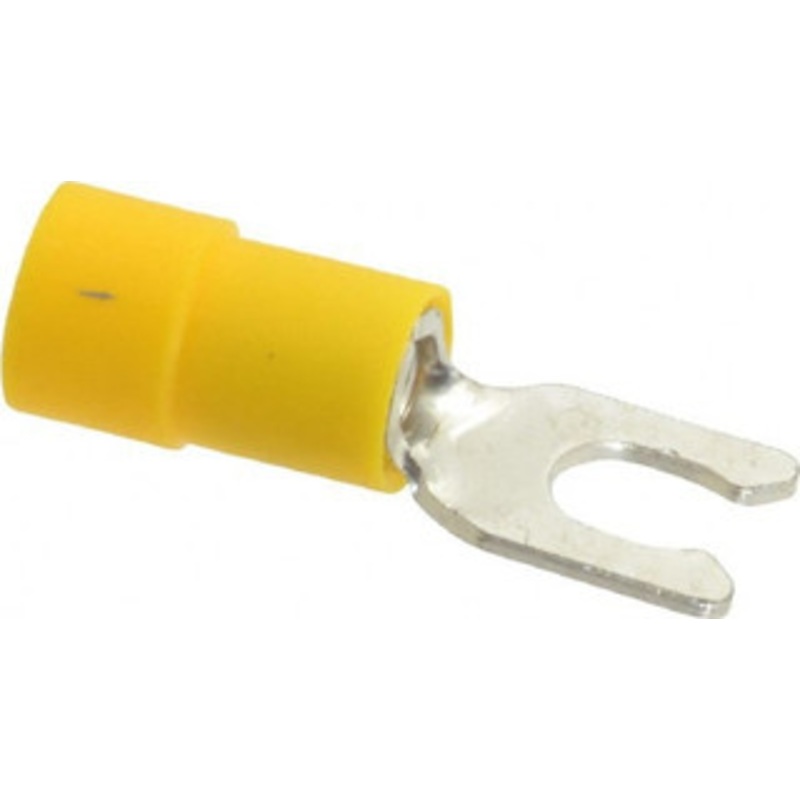 Thomas & Betts #8 Stud, 12 to 10 AWG Compatible, Partially Insulated, Crimp Connection, Locking Fork Terminal 0.327 Fork Width, Vinyl Insulation, Yellow, 0.992 OAL, 600 Volts, 0.039 Thick, Copper Contacts TV10-8LF-XV - 68886886