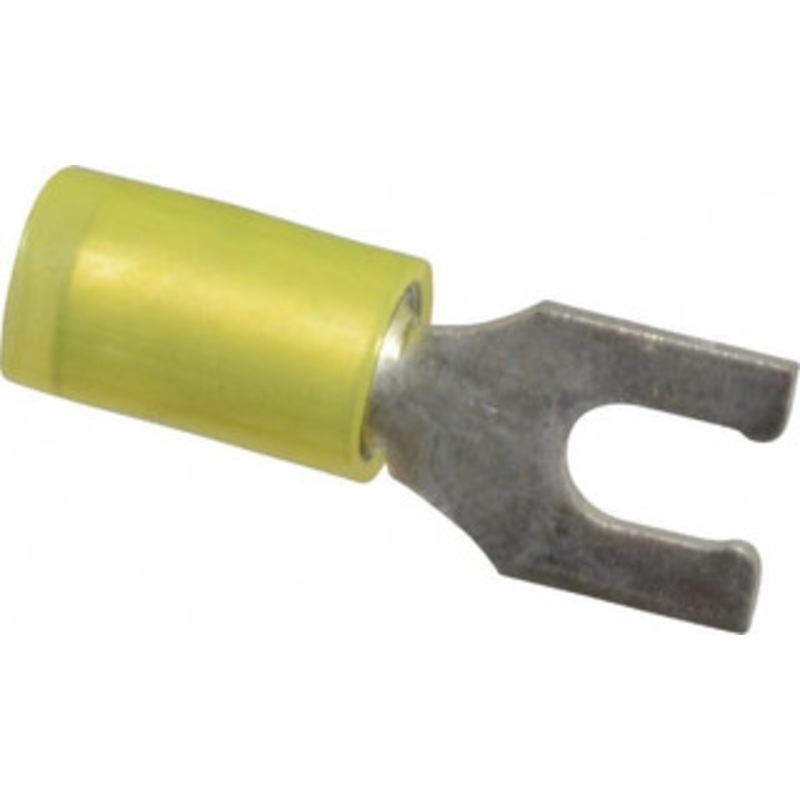 Thomas & Betts #8 Stud, 12 to 10 AWG Compatible, Partially Insulated, Crimp Connection, Locking Fork Terminal 0.37 Fork Width, Nylon Insulation, Yellow, 1. OAL, 600 Volts, Copper Contacts RC10-8FL - 54063680