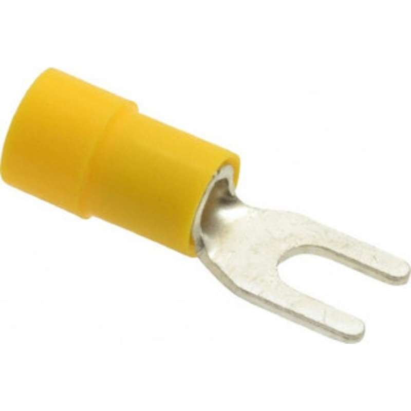 Thomas & Betts #8 Stud, 12 to 10 AWG Compatible, Partially Insulated, Crimp Connection, Standard Fork Terminal 0.327 Fork Width, Vinyl Insulation, Yellow, 1.004 OAL, 600 Volts, 0.039 Thick, Copper Contacts TV10-8F-XV - 68886878