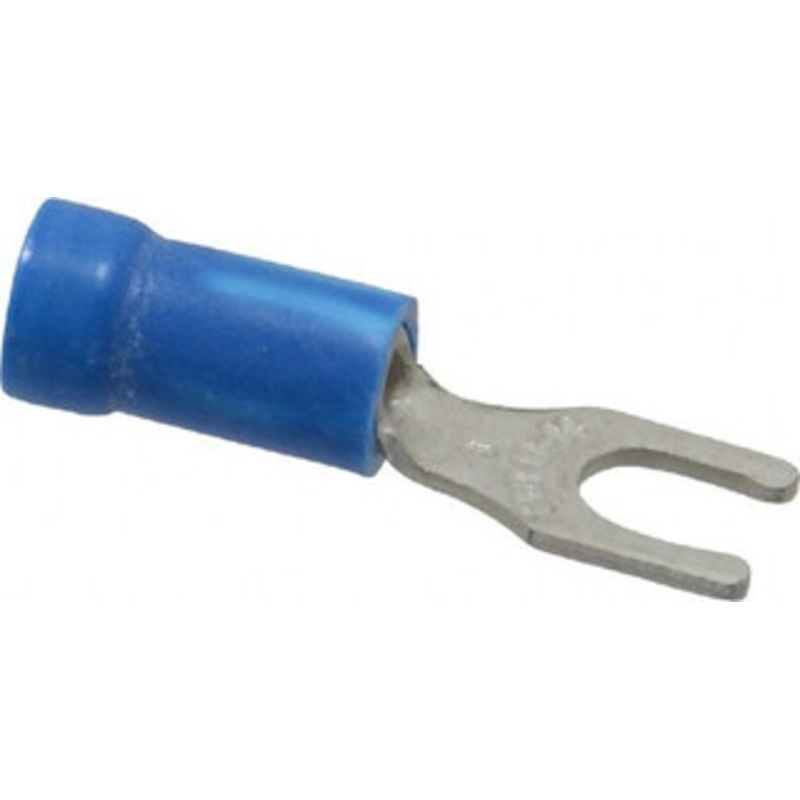 Thomas & Betts #8 Stud, 18 to 14 AWG Compatible, Partially Insulated, Crimp Connection, Locking Fork Terminal 0.29 Fork Width, Vinyl Insulation, Blue, 0.97 OAL, 600 Volts, Copper Contacts 14RB-8FL - 54064100