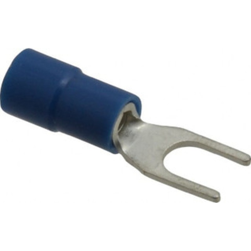 Thomas & Betts #8 Stud, 16 to 14 AWG Compatible, Partially Insulated, Crimp Connection, Standard Fork Terminal 1/4 Fork Width, Vinyl Insulation, Blue, 0.886 OAL, 600 Volts, 0.031 Thick, Copper Contacts TV14-8F-XV - 68886936