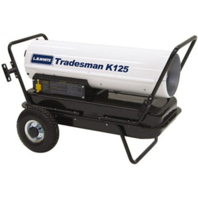 L.B. White 125,000 BTU Rating, Multi-Fuel Forced Air Heater with Thermostat 3,000 Sq Ft Max Heating Area, 10 Gal Capacity, Fuel with Kerosene, #1 Diesel & Jet A Fuel TRADESMAN K125 - 34993634