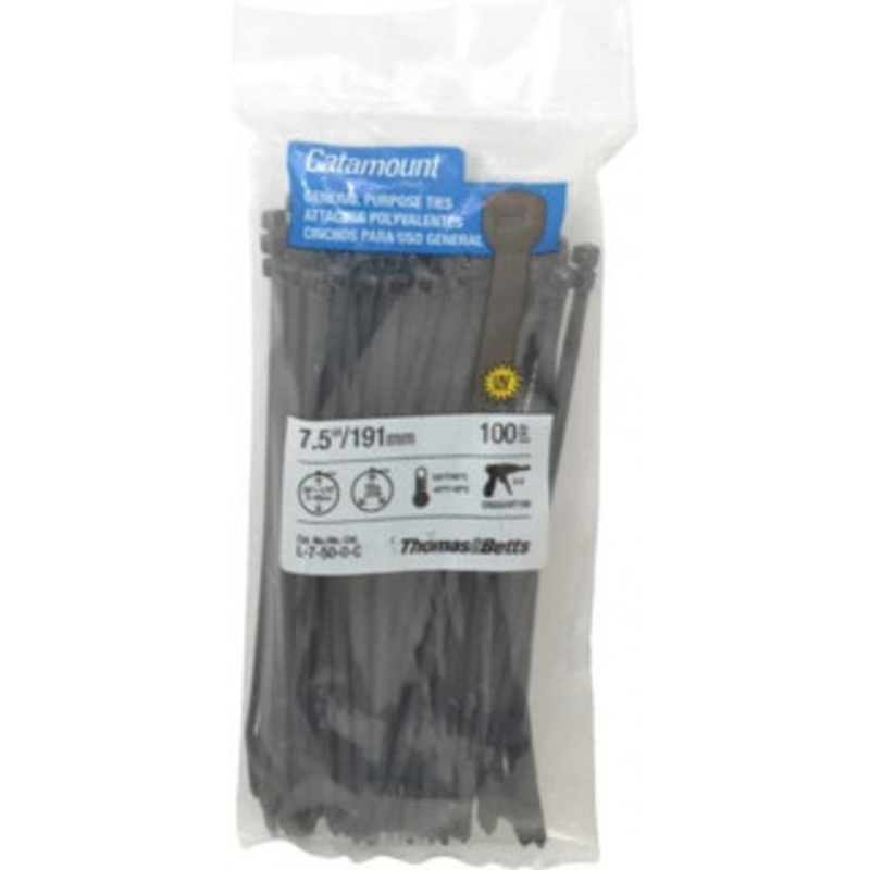 Thomas & Betts 7-1/2 Long Black Nylon Standard Cable Tie 50 Lb Tensile Strength, 1.35mm Thick, 5/8 Max Bundle Diam L-7-50-0-C - 73125213
