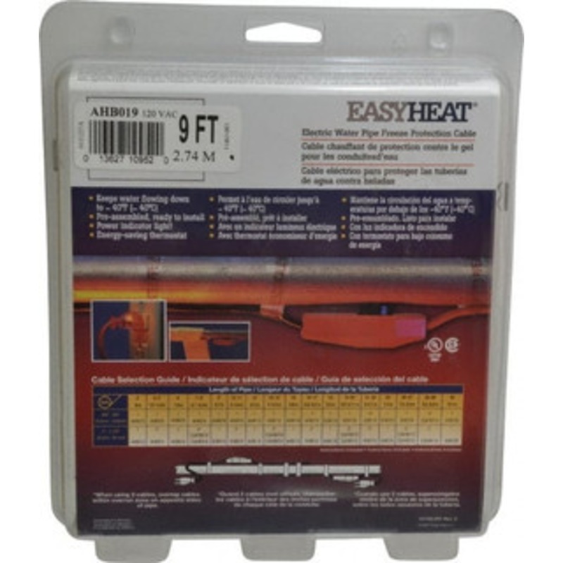 EasyHeat 9 ft. Long, Preassembled, Fixed Length, Fixed Wattage, Protection Heat Cable 120 Input Volts, 63 Watts AHB019A - 31736143