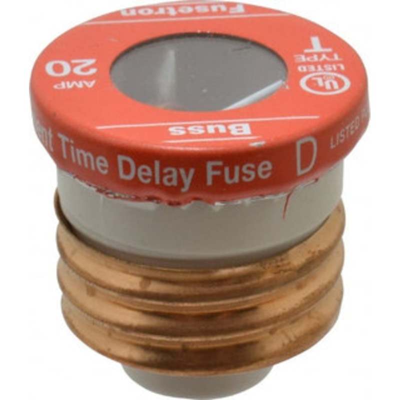 Bussmann 125 VAC, 20 Amp, Time Delay Plug Fuse Fuse Holder Mount, 2.38 OAL, 10 (RMS Symmetrical) kA Rating, 2-1/4 Diam T-20 - 71921258
