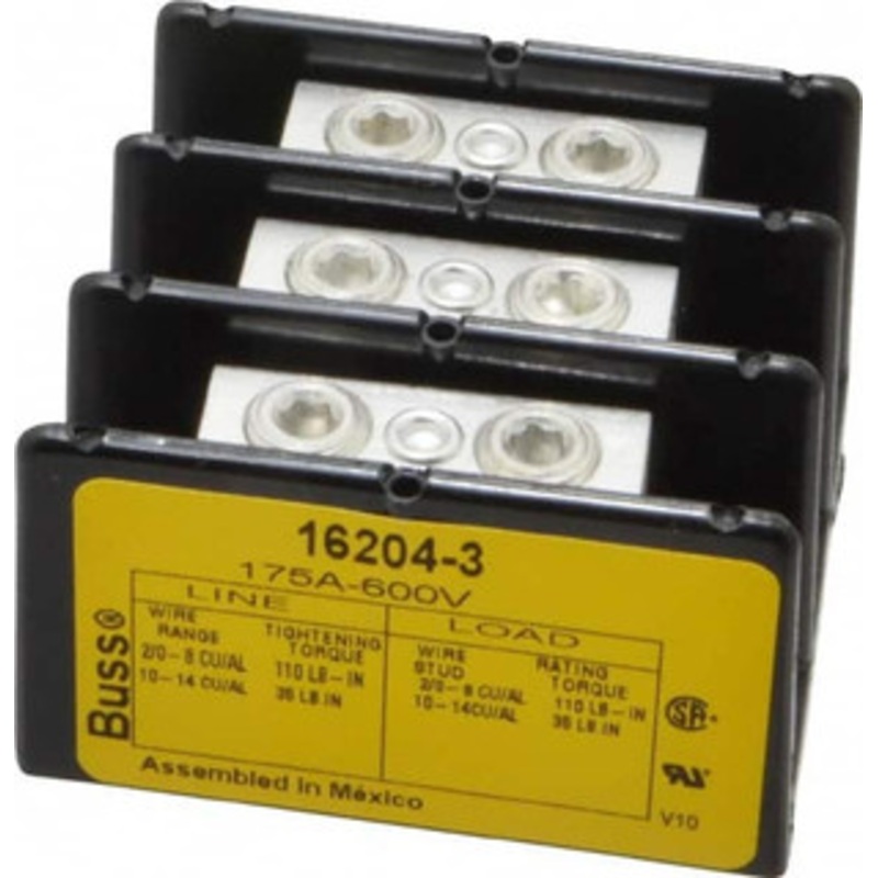 Bussmann 3 Poles, 175 Amp, 2/0-8 AWG (Cu/Al) Primary, 2/0-8 AWG (Cu/Al) Secondary, Thermoplastic Power Distribution Block 600 VAC/VDC, 1 Primary Connection, 5.2 Inch Long x 3.32 Inch Deep x 4 Inch High 16204-3 - 84720416