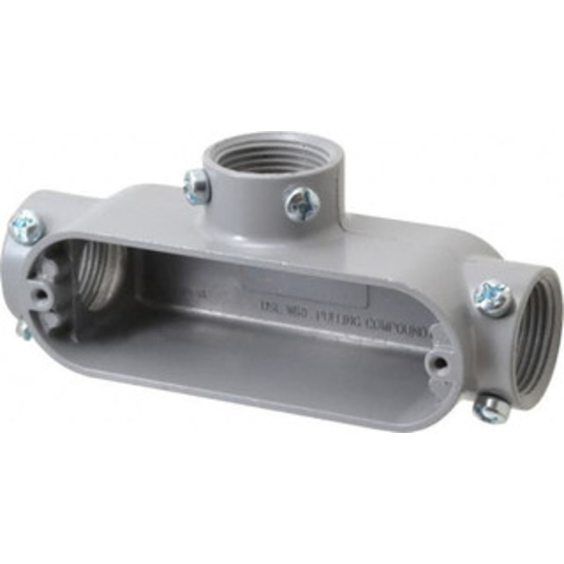 Crouse-Hinds Form 5, T Body, 1 Trade, EMT, IMC, Rigid Aluminum Conduit Body Rectangle, 6.33 OAL, 12.2 cc Capacity, Gray T35 MT - 04915948