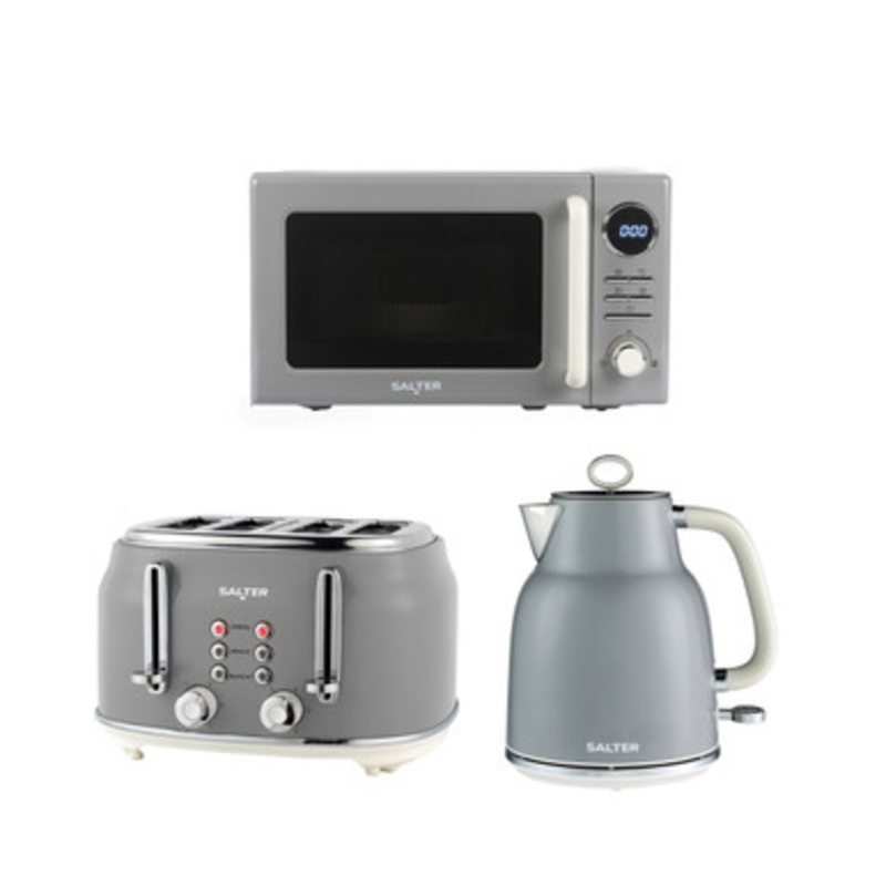 Retro Grey Kettle, 4-Slice Toaster & Microwave Set