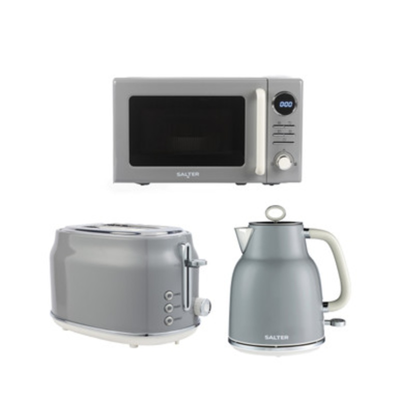 Retro Grey Kettle, 2-Slice Toaster & Microwave Set