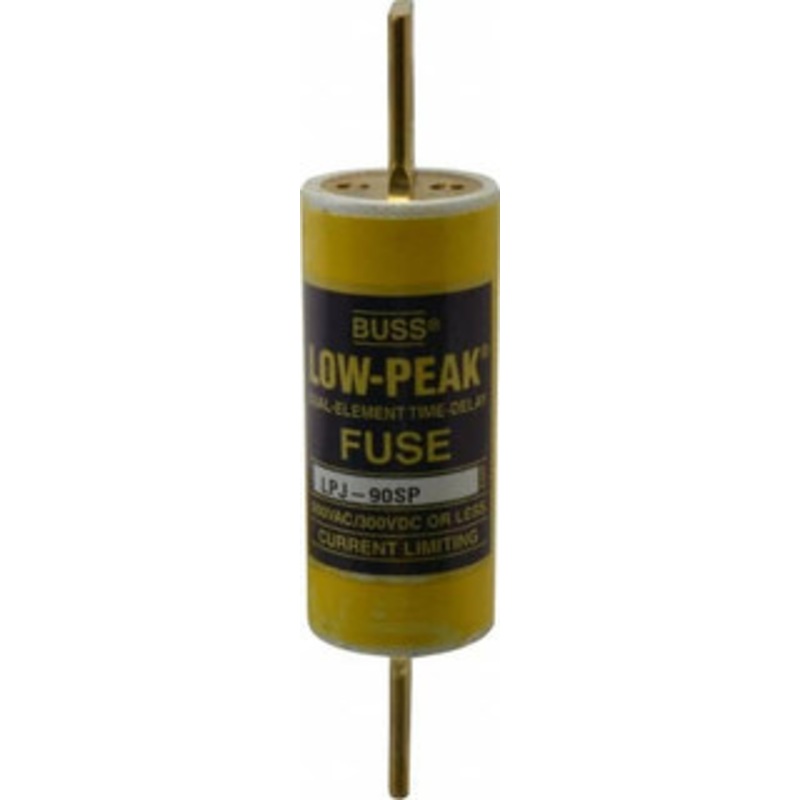 Bussmann 300 VDC, 600 VAC, 90 Amp, Time Delay General Purpose Fuse Bolt-on Mount, 4-5/8 OAL, 100 at DC, 300 at AC (RMS) kA Rating, 1-1/8 Diam LPJ-90SP - 75390856