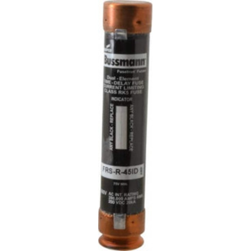 Bussmann 250 VDC, 600 VAC, 45 Amp, Time Delay General Purpose Fuse Fuse Holder Mount, 5-1/2 OAL, 20 at DC, 200 (RMS) kA Rating, 27mm Diam FRS-R-45ID - 91700401