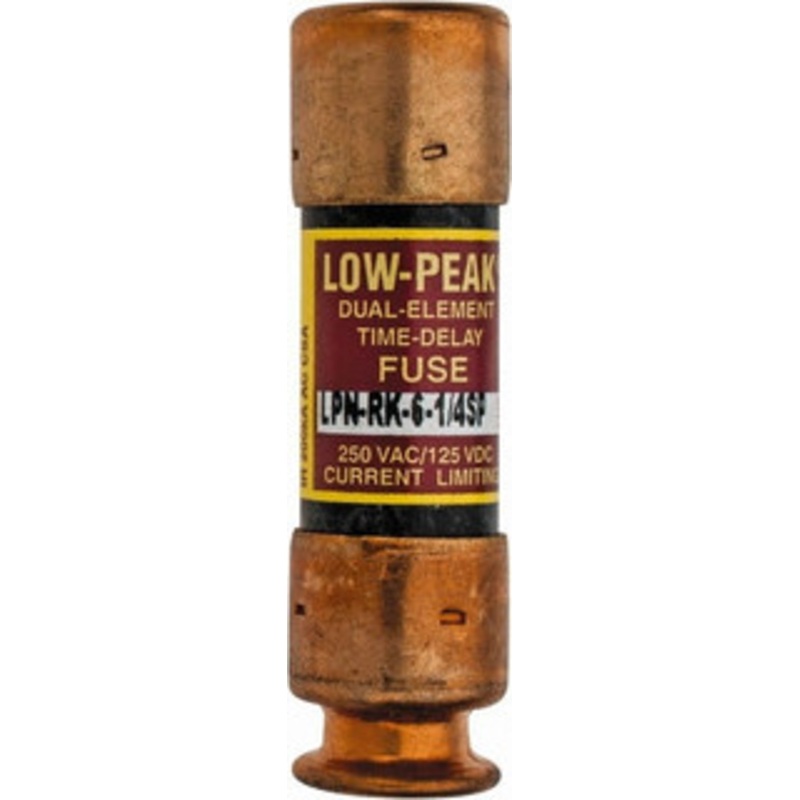 Bussmann 125 VDC, 250 VAC, 6.25 Amp, Time Delay General Purpose Fuse Fuse Holder Mount, 50.8mm OAL, 100 at DC, 300 at AC (RMS) kA Rating, 9/16 Diam LPN-RK-6-1/4SP - 74874793