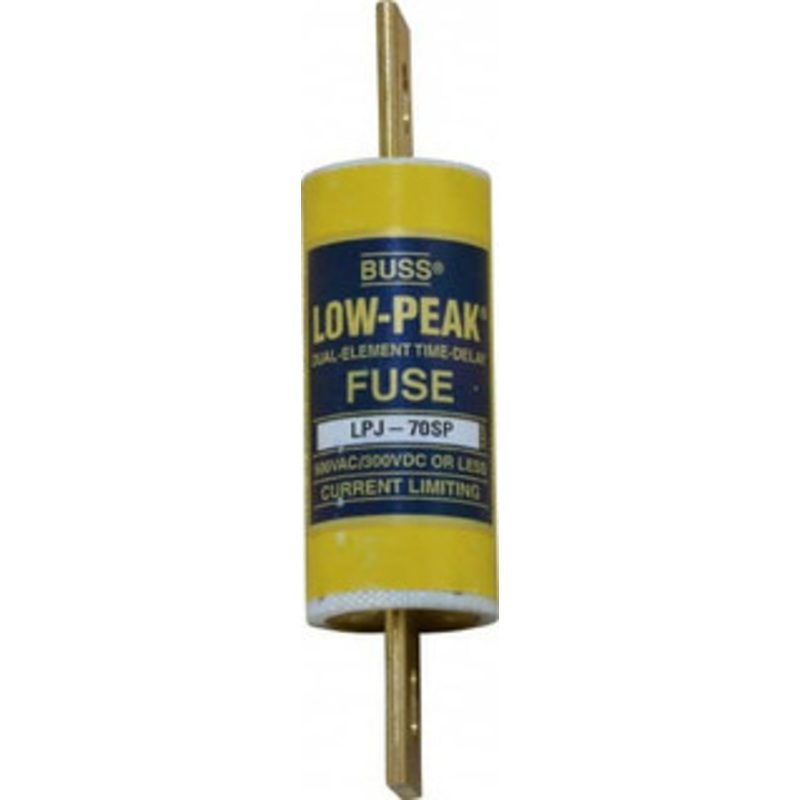 Bussmann 300 VDC, 600 VAC, 70 Amp, Time Delay General Purpose Fuse Bolt-on Mount, 4-5/8 OAL, 100 at DC, 300 at AC (RMS) kA Rating, 1-1/8 Diam LPJ-70SP - 75390815