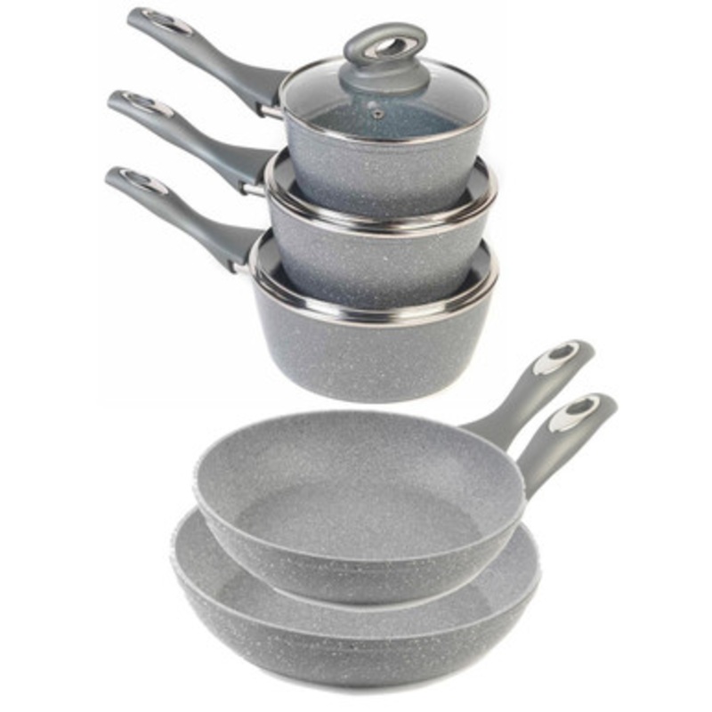 5 Piece Pot and Pan Set, Marblestone Collection, Grey