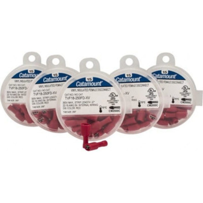 Thomas & Betts 22 to 16 AWG Fully Insulated Female Wire Disconnect 1/4 Tab, Red, RoHS Compliant, UL 94 V-0 TVF18-250FD-XV - 68887116