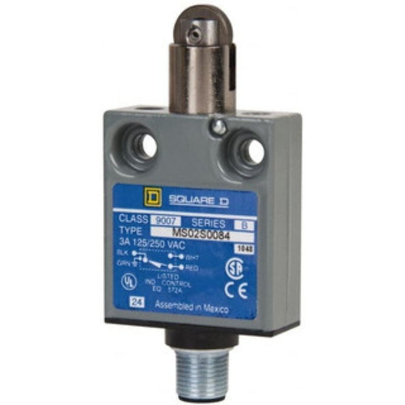 Square D SPDT, NC/NO, Multiple VAC Levels, Prewired Terminal, Parallel Roller Plunger Actuator, General Purpose Limit Switch 1, 2, 4, 6, 6P NEMA Rating, IP67 IPR Rating, Bushing Mount, 80 Ounce Operating Force 9007MS07S0100 - 59760769