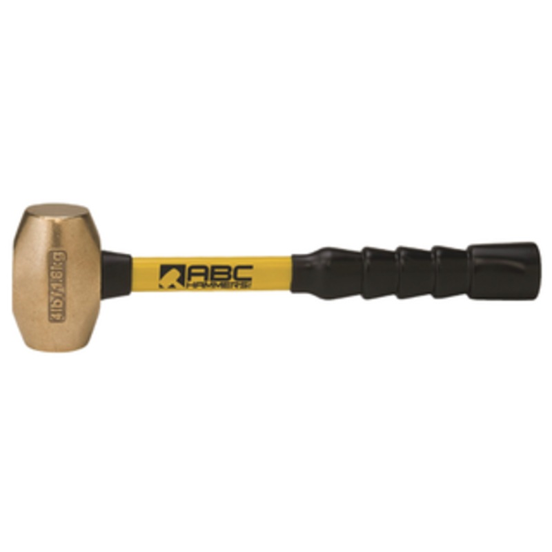 ABC Hammers 12 Fiberglass Handle Brass Striking Hammer, 1-3/4 Face Diameter, 4 lbs. Head Weight, 14 OAL - ABC4BFB