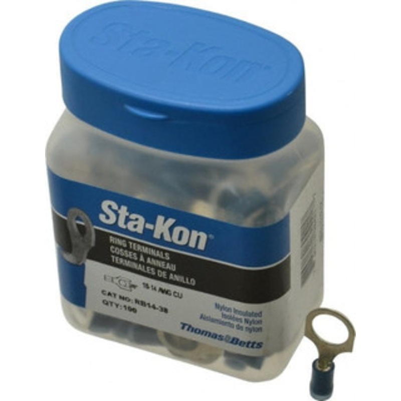 Thomas & Betts 18-14 AWG Partially Insulated Crimp Connection D Shaped Ring Terminal 3/8 Stud, 1.17 OAL x 0.53 Wide, Tin Plated Copper Contact RB14-38 - 54063409