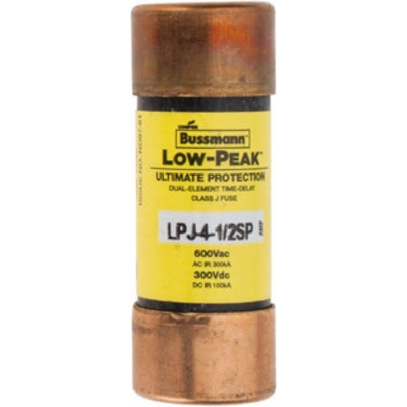 Bussmann 300 VDC, 600 VAC, 4.5 Amp, Time Delay General Purpose Fuse Fuse Holder Mount, 2-1/4 OAL, 100 at DC, 300 at AC (RMS) kA Rating, 13/16 Diam LPJ-4-1/2SP - 75390674