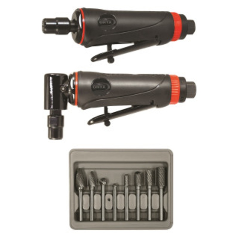 ONYX 3pc Die Grinder Kit w/ 1/4 90 Angle Die Grinder, 1/4 Die Grinder & 8pc Double Cut Carbide Rotary Burr Set - AST-219