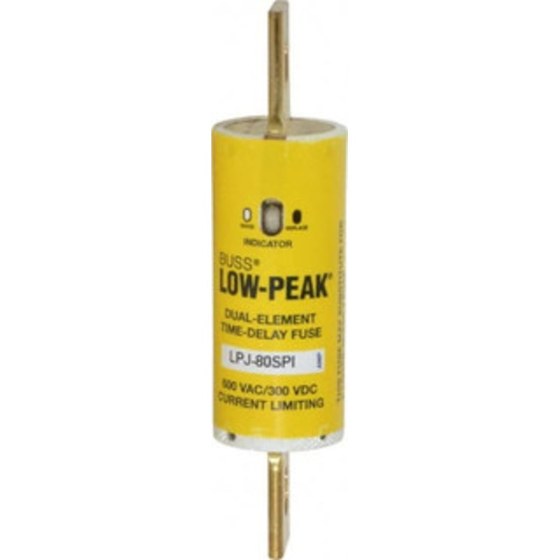 Bussmann 300 VDC, 600 VAC, 80 Amp, Time Delay General Purpose Fuse Bolt-on Mount, 4-5/8 OAL, 100 at DC, 300 at AC (RMS) kA Rating, 1-1/8 Diam LPJ-80SPI - 92129485