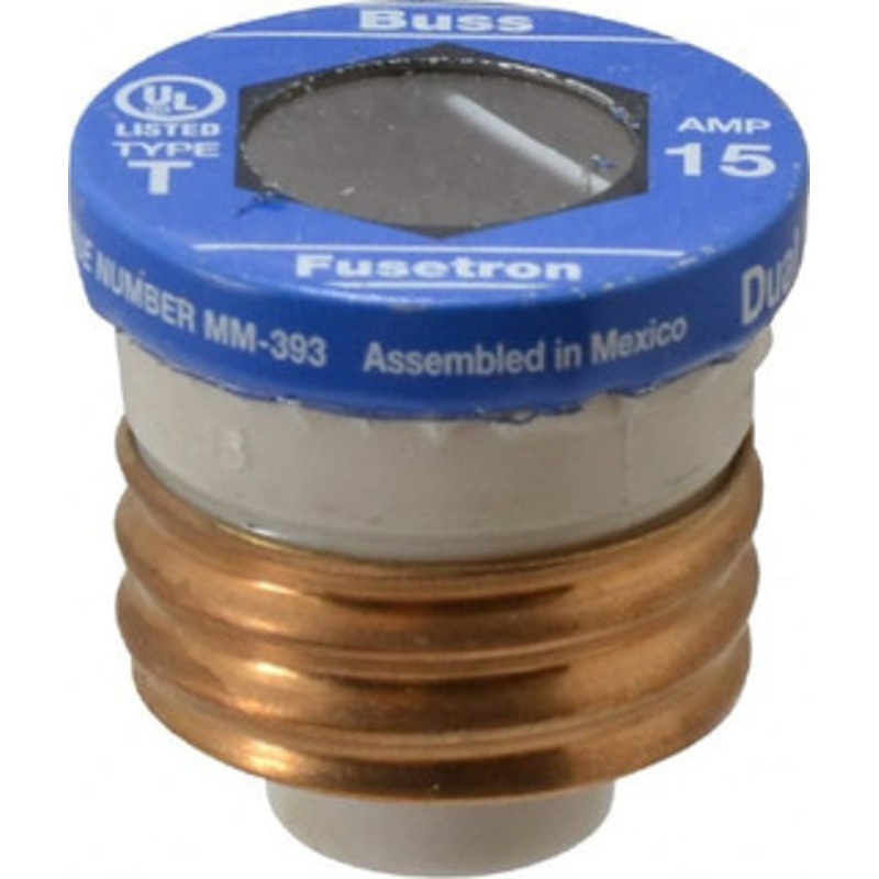 Bussmann 125 VAC, 15 Amp, Time Delay Plug Fuse Fuse Holder Mount, 2.38 OAL, 10 (RMS Symmetrical) kA Rating, 2-1/4 Diam T-15 - 71921225