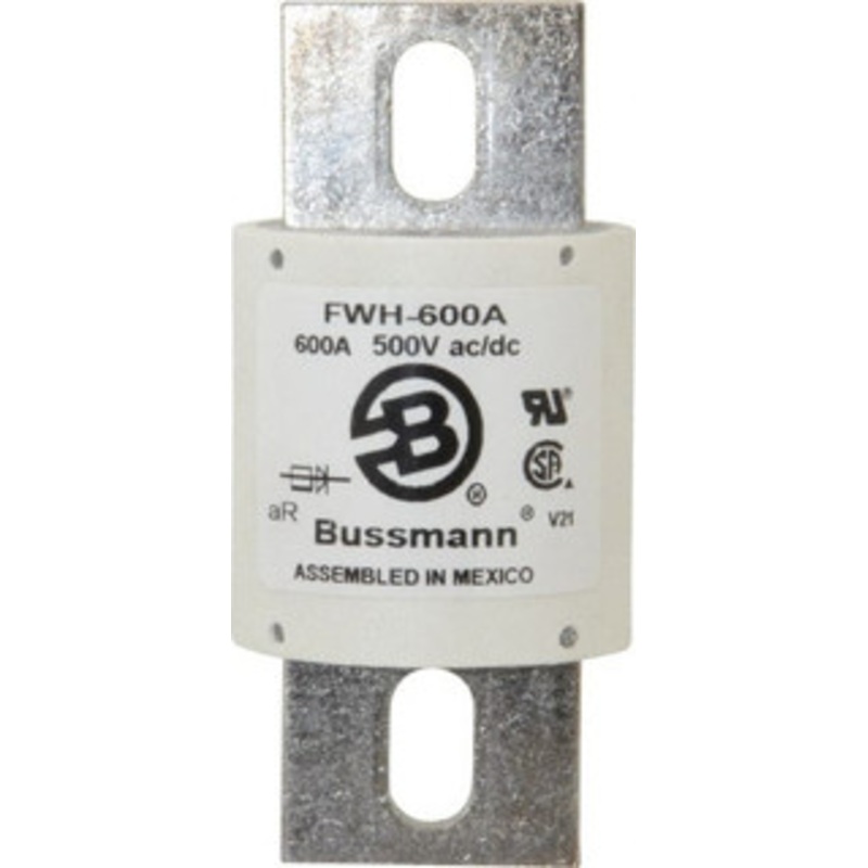 Bussmann 500 VAC/VDC, 600 Amp, Fast-Acting Semiconductor/High Speed Fuse Bolt-on Mount, 4-15/32 OAL, 200 (RMS Symmetrical), 50 at DC kA Rating, 2 Diam FWH-600A - 75382887