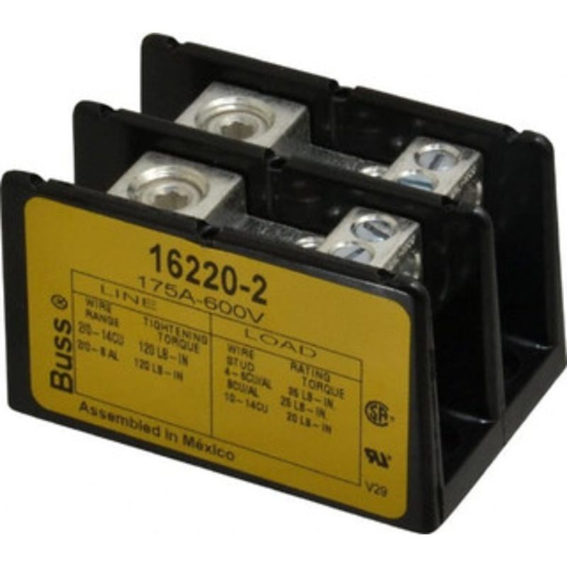 Bussmann 2 Poles, 175 Amp, 8-2/0 AWG (Al), 14-2/0 AWG (Cu) Primary, 4-14 AWG (Cu), 4-8 AWG (Al) Secondary, Thermoplastic Power Distribution Block 600 VAC/VDC, 1 Primary Connection, 3.58 Inch Long x 3.32 Inch Deep x 4 Inch High 16220-2 - 84720432