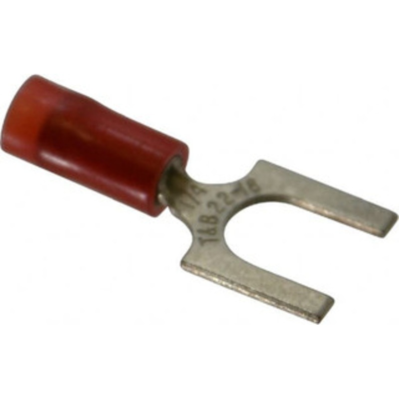 Thomas & Betts 1/4 Stud, 22 to 16 AWG Compatible, Partially Insulated, Crimp Connection, Standard Fork Terminal 0.44 Fork Width, Nylon Insulation, Red, 0.95 OAL, 600 Volts, Copper Contacts RA18-14F - 54063524