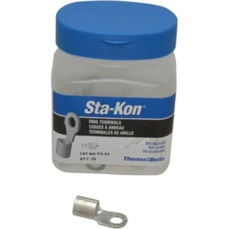 Thomas & Betts 4 AWG Noninsulated Crimp Connection Circular Ring Terminal 1/4 Stud, 1.16 OAL x 0.48 Wide, Tin Plated Copper Contact F4-14 - 54064415