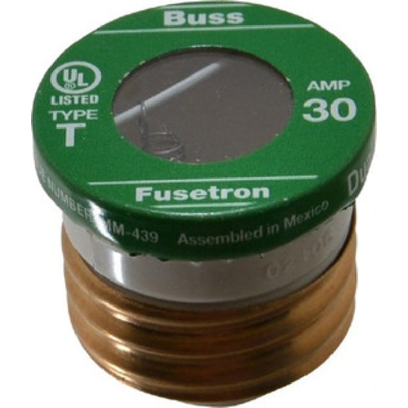 Bussmann 125 VAC, 30 Amp, Time Delay Plug Fuse Fuse Holder Mount, 2.38 OAL, 10 (RMS Symmetrical) kA Rating, 2-1/4 Diam T-30 - 71921316