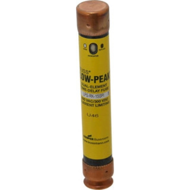 Bussmann 300 VDC, 600 VAC, 15 Amp, Time Delay General Purpose Fuse Fuse Holder Mount, 127mm OAL, 100 at DC, 300 at AC (RMS) kA Rating, 13/16 Diam LPS-RK-15SPI - 93352805