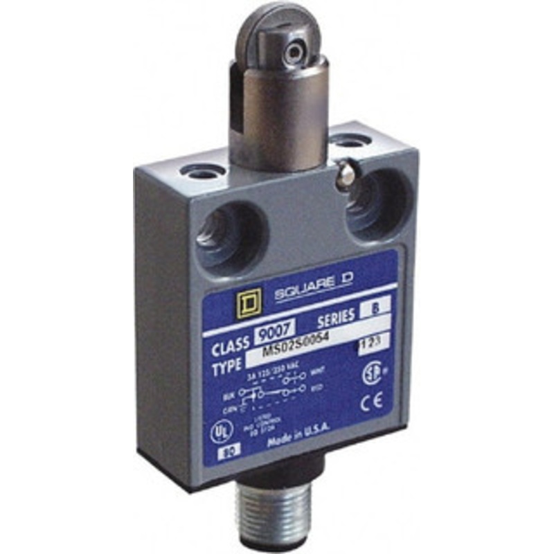 Square D SPDT, NC/NO, Multiple VDC Levels, 4 Pin AC Micro Connector Terminal, Parallel Roller Plunger Actuator, General Purpose Limit Switch 1, 2, 4, 6, 6P NEMA Rating, IP67 IPR Rating, 80 Ounce Operating Force 9007MS02S0084 - 59760587