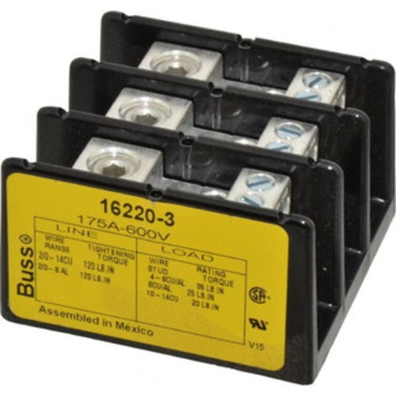 Bussmann 3 Poles, 175 Amp, 8-2/0 AWG (Al), 14-2/0 AWG (Cu) Primary, 4-14 AWG (Cu), 4-8 AWG (Al) Secondary, Thermoplastic Power Distribution Block 600 VAC/VDC, 1 Primary Connection, 5.2 Inch Long x 3.32 Inch Deep x 4 Inch High 16220-3 - 84720440