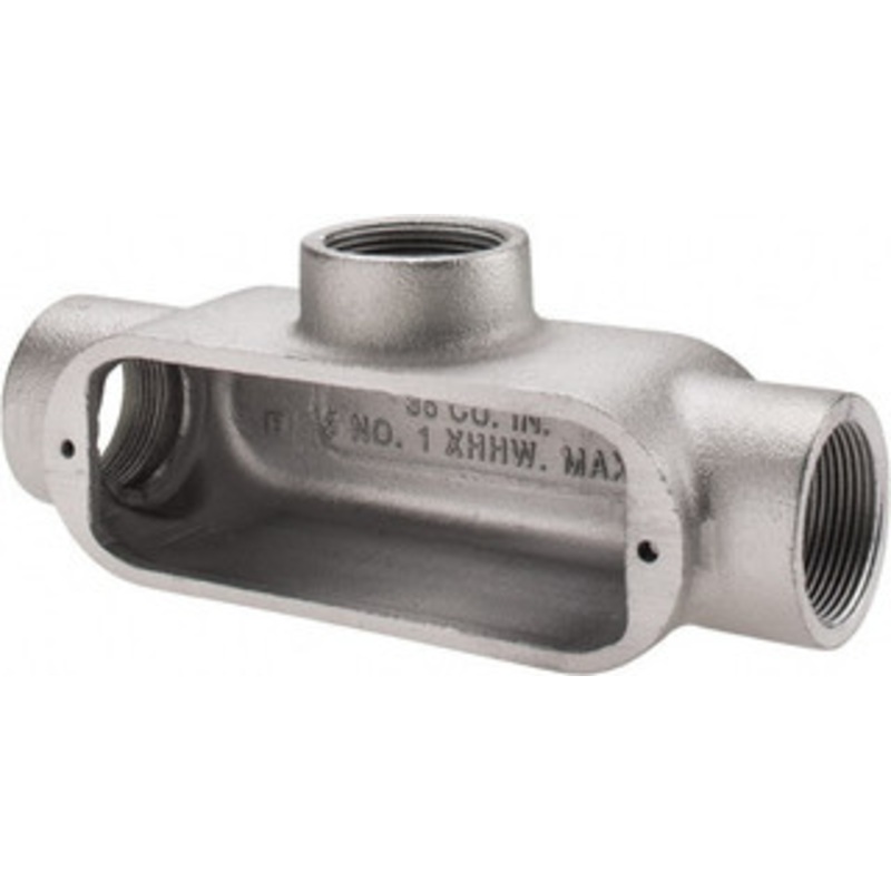 Crouse-Hinds Form 5, T Body, 1-1/2 Trade, Rigid Malleable Iron Conduit Body Oval, 9 OAL, 36 cc Capacity, Gray T150M - 04761615