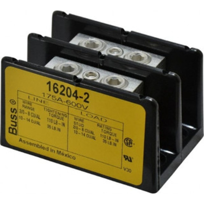 Bussmann 2 Poles, 175 Amp, 2/0-8 AWG (Cu/Al) Primary, 2/0-8 AWG (Cu/Al) Secondary, Thermoplastic Power Distribution Block 600 VAC/VDC, 1 Primary Connection, 3.58 Inch Long x 3.32 Inch Deep x 4 Inch High 16204-2 - 84720408