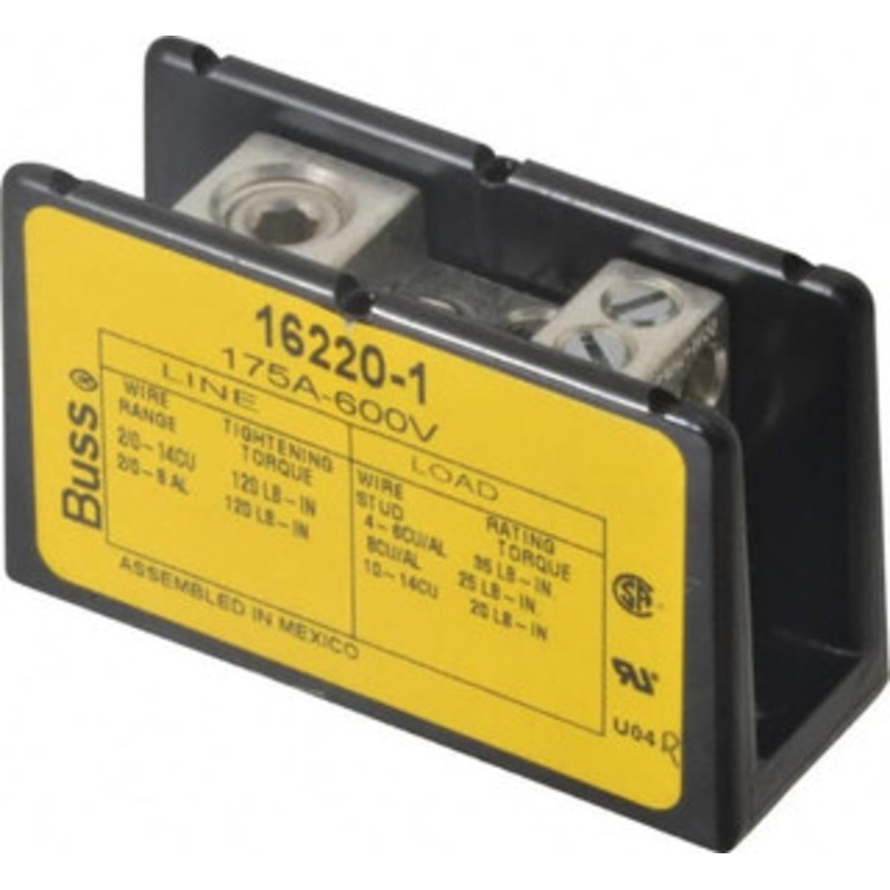 Bussmann 1 Pole, 175 Amp, 8-2/0 AWG (Al), 14-2/0 AWG (Cu) Primary, 4-14 AWG (Cu), 4-8 AWG (Al) Secondary, Thermoplastic Power Distribution Block 600 VAC/VDC, 1 Primary Connection, 1.96 Inch Long x 3.32 Inch Deep x 4 Inch High 16220-1 - 84720424