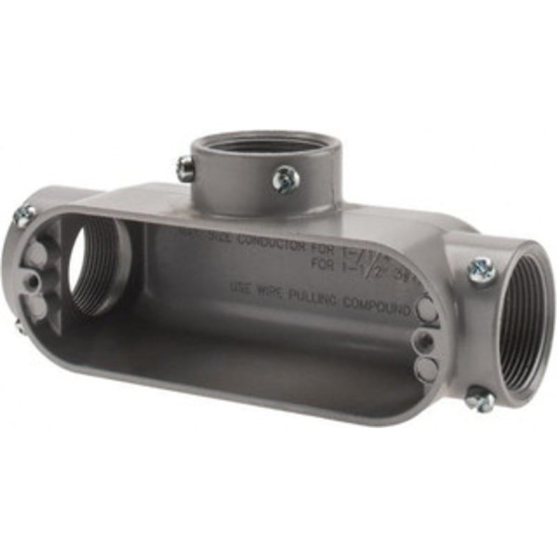 Crouse-Hinds Form 5, T Body, 1-1/2 Trade, EMT, IMC, Rigid Aluminum Conduit Body Rectangle, 8.45 OAL, 33.1 cc Capacity, Gray T55 MT - 04915989