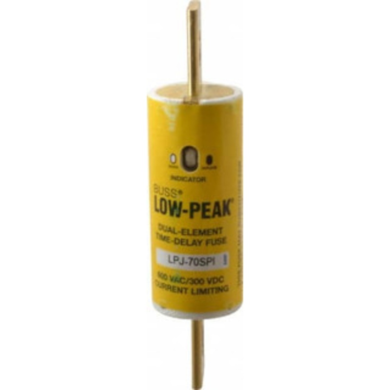 Bussmann 300 VDC, 600 VAC, 70 Amp, Time Delay General Purpose Fuse Bolt-on Mount, 4-5/8 OAL, 100 at DC, 300 at AC (RMS) kA Rating, 1-1/8 Diam LPJ-70SPI - 92129469