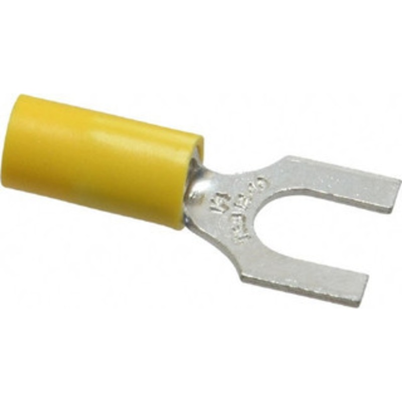 Thomas & Betts 1/4 Stud, 12 to 10 AWG Compatible, Partially Insulated, Crimp Connection, Standard Fork Terminal 1/2 Fork Width, Vinyl Insulation, Yellow, 1.15 OAL, 600 Volts, Copper Contacts 10RC-14F - 54064050
