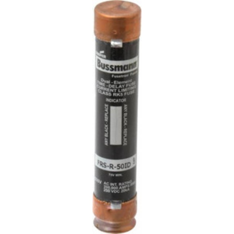Bussmann 250 VDC, 600 VAC, 50 Amp, Time Delay General Purpose Fuse Fuse Holder Mount, 5-1/2 OAL, 20 at DC, 200 (RMS) kA Rating, 27mm Diam FRS-R-50ID - 91700419